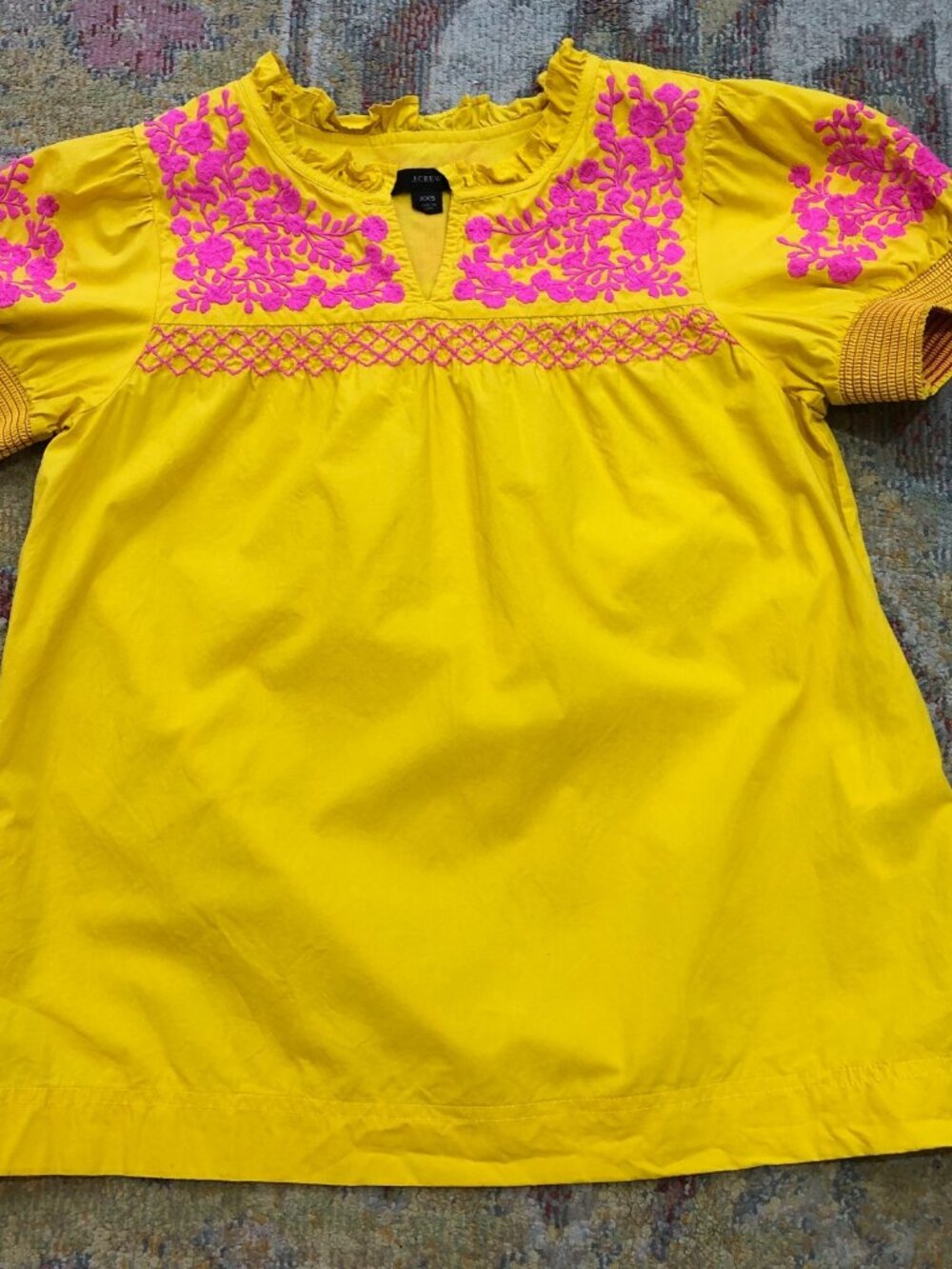 EUC J. Crew Bright Marigold Yellow Cotton Embroidered Pink Peasant Blouse XXS 0